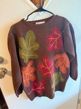 Vtg 90s Milano Design Group Embroidered Leaf Sweater M Ramie Cotton Fallcore